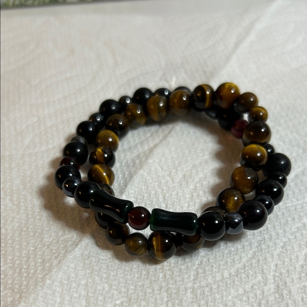 Tiger Eye and Black Beaded Bracelet Set